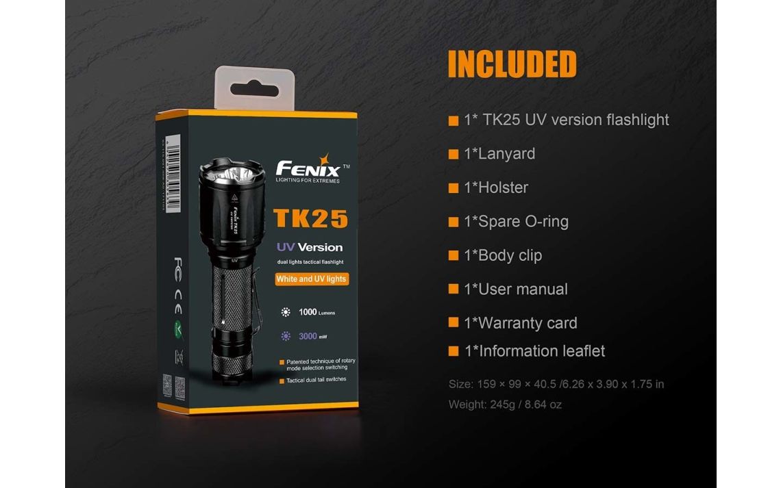 Fenix TK25UV 1000 Lumen Tactical Flashlight with Ultraviolet Light 